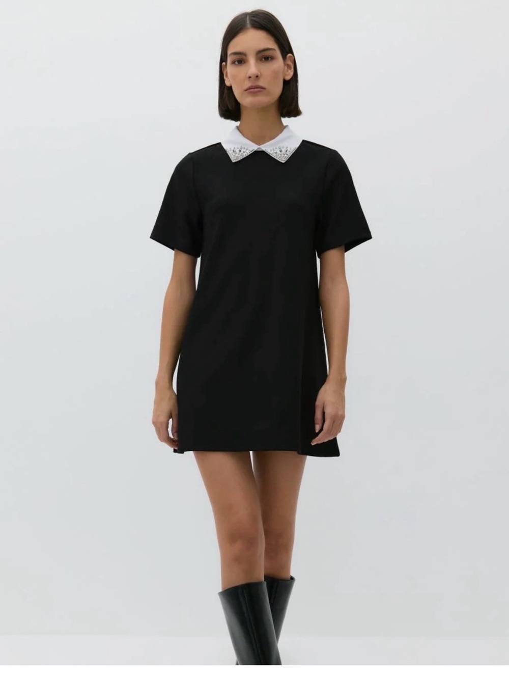 Zara Black Mini Dress with White Embellished Collar